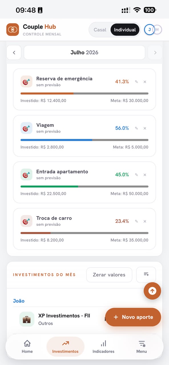 Tela de metas e objetivos do Couple Hub no celular