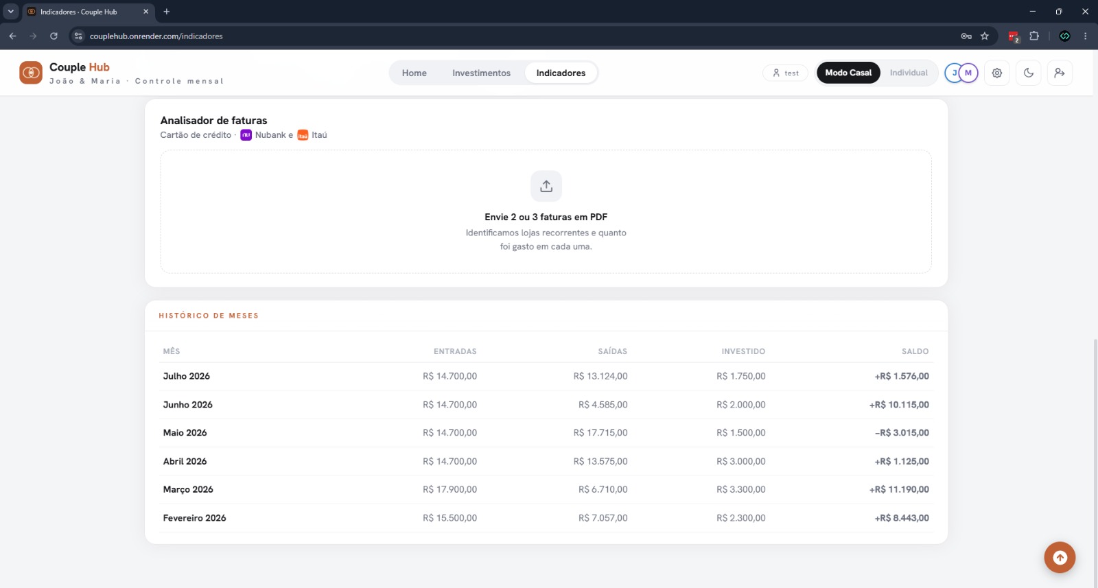 Analisador de faturas e histórico de meses do Couple Hub no navegador